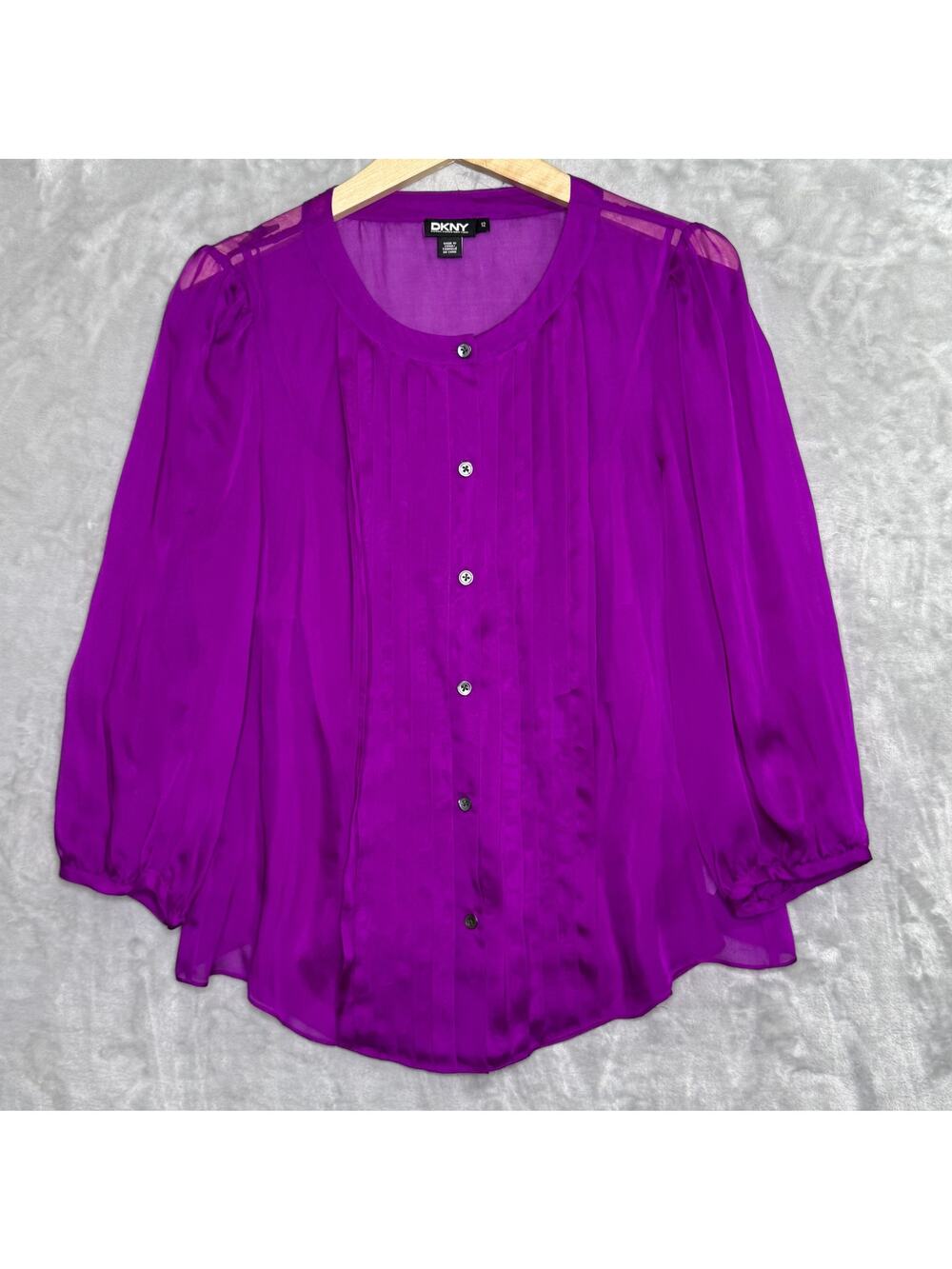 DKNY Blouse Womens Size 12 Purple 100% Silk Sheer Pleated Button Front Top